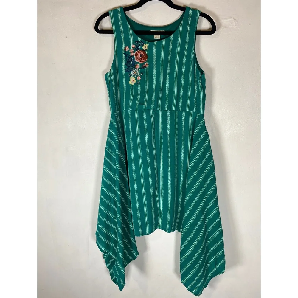 Girls Knitworks Green Embroidered Stripe Handkerchief Hem Sundress 12.5